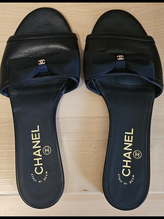 CHANEL Shoes - CHANEL Black Bow Slide Sandals with Gold CC Accent